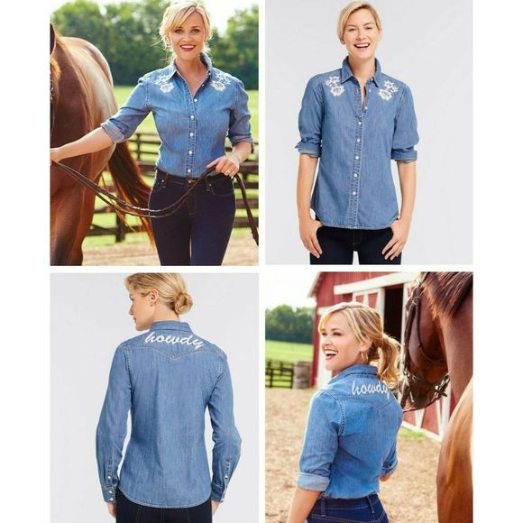 Draper James | Howdy Embroidered Chambray Button Down Blue Long Sleeve Shirt | 6 - Picture 1 of 13